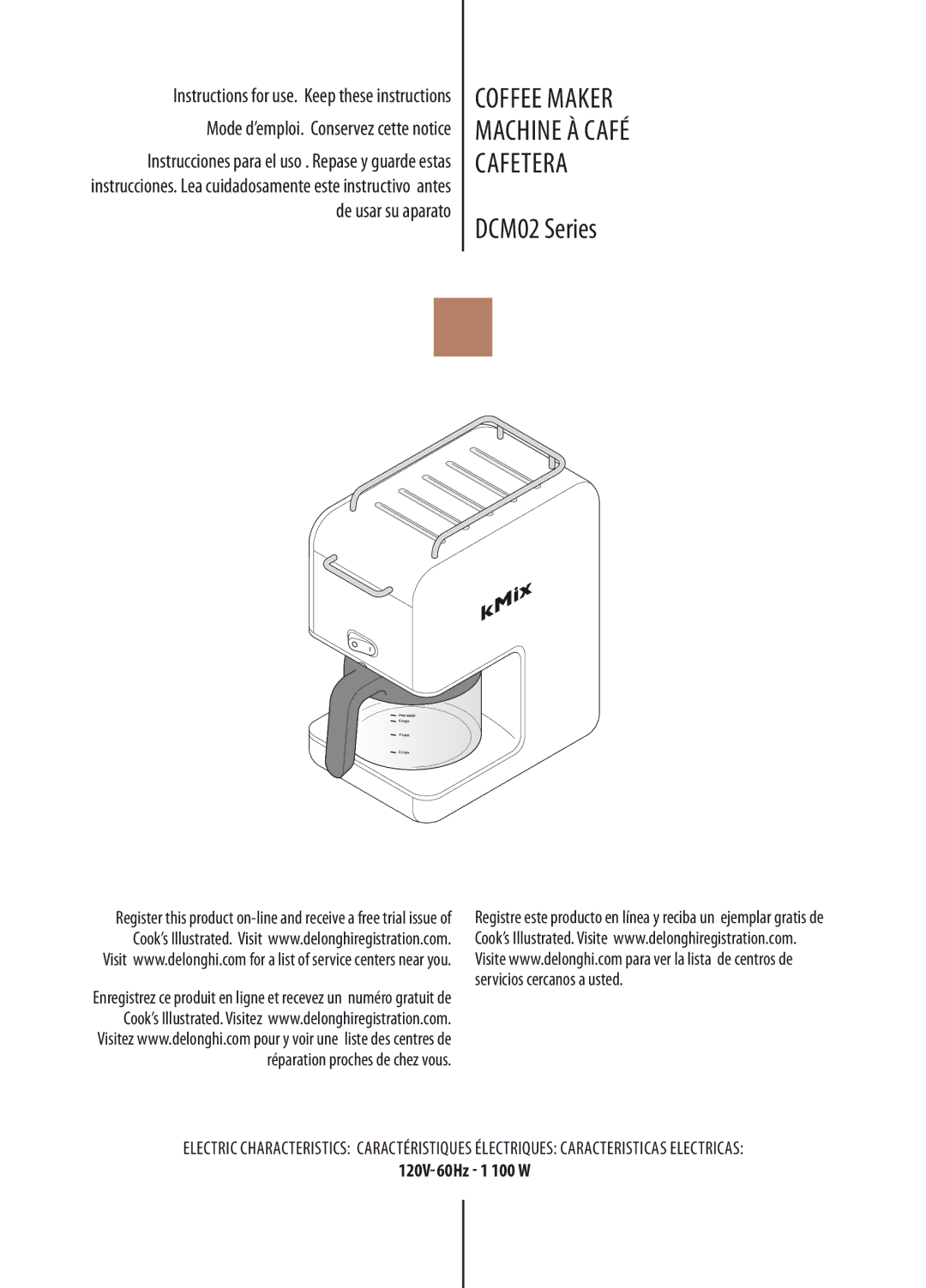 DeLonghi manual DCM02 Series, 120V˜60Hz 1 100 W 