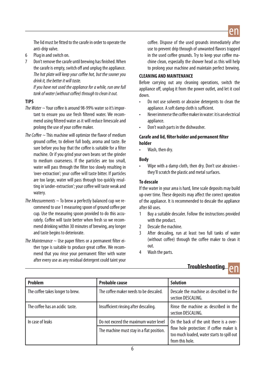 DeLonghi DCM02 manual Troubleshooting en, Cleaning and Maintenance 