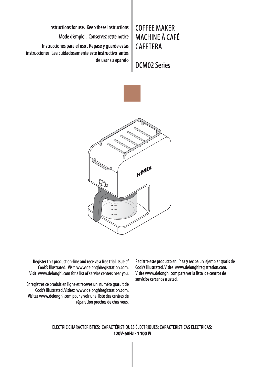 DeLonghi manual coffee maker Machine à café cafetera, DCM02 Series, 120V˜60Hz - 1 100 W 