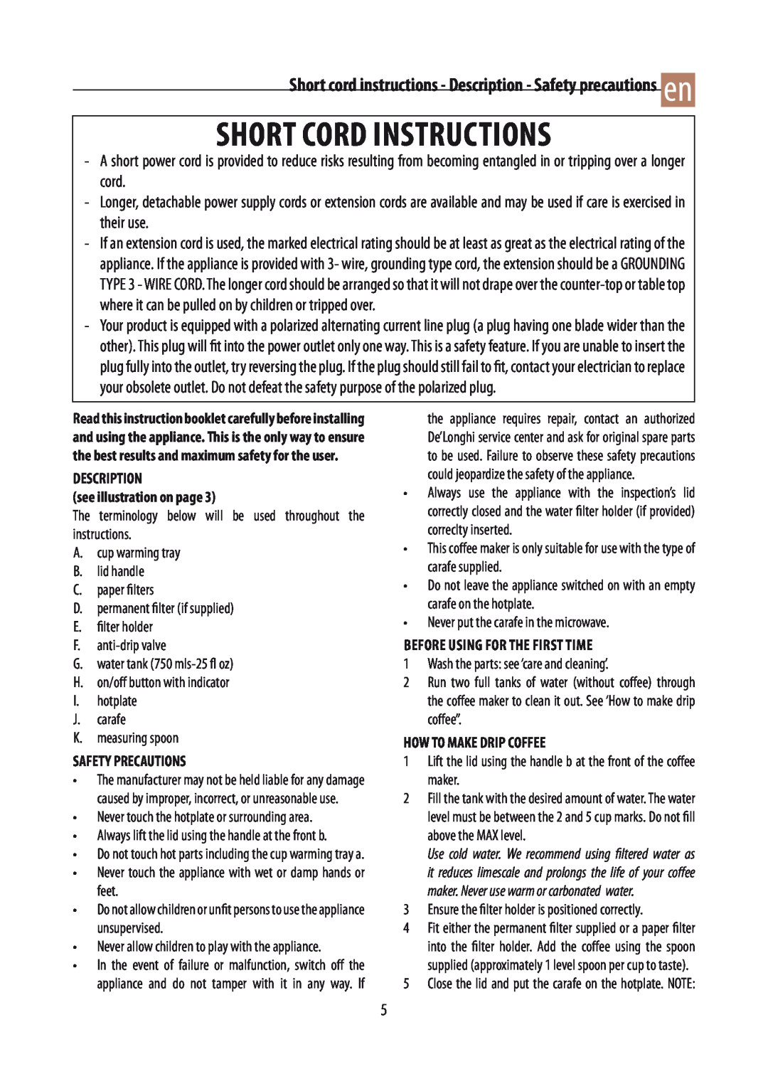 DeLonghi DCM02 manual short cord instructions, Short cord instructions - Description - Safety precautions en 