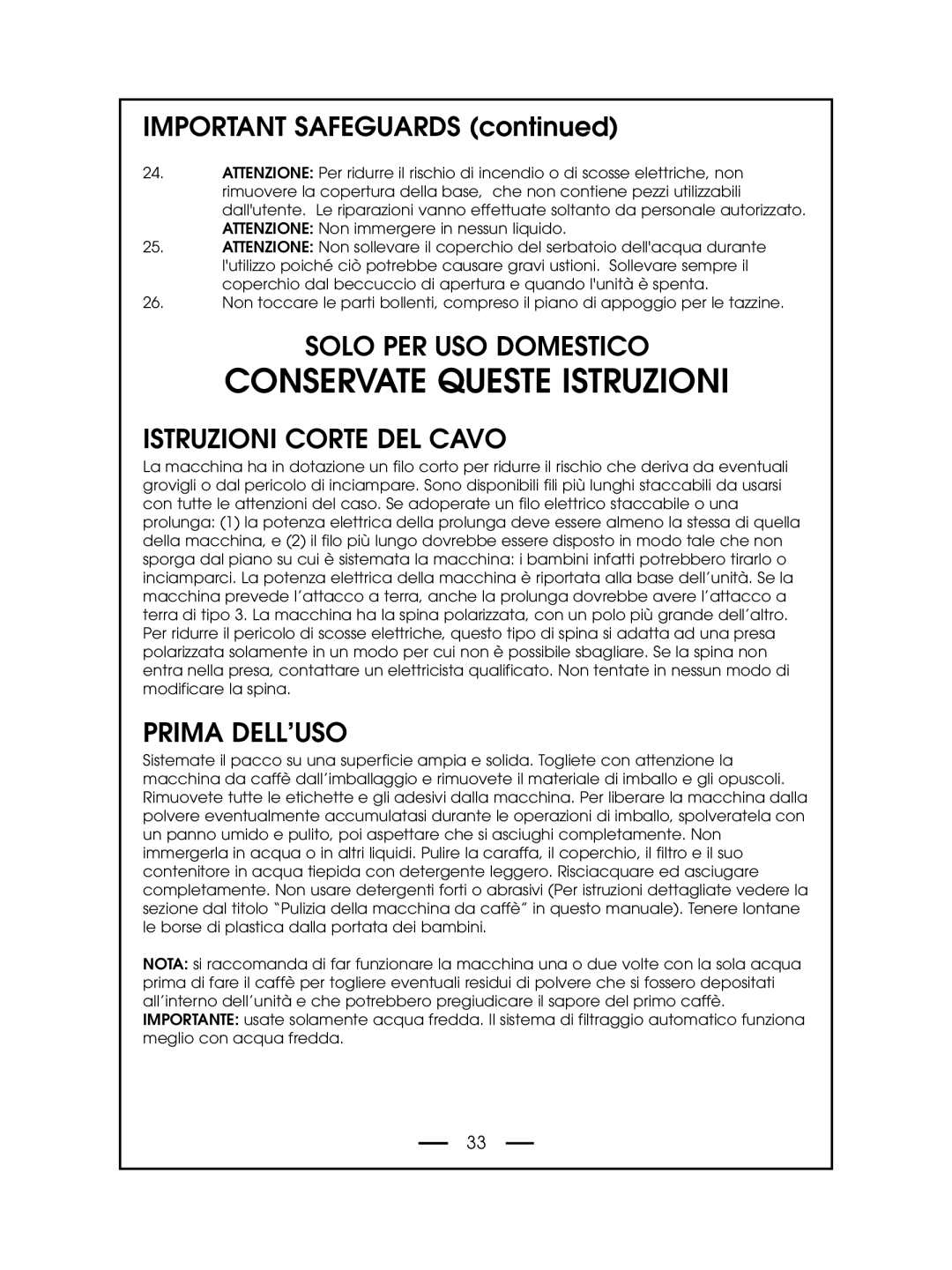 DeLonghi DCM485 instruction manual Solo PER USO Domestico, Istruzioni Corte DEL Cavo, Prima DELL’USO 