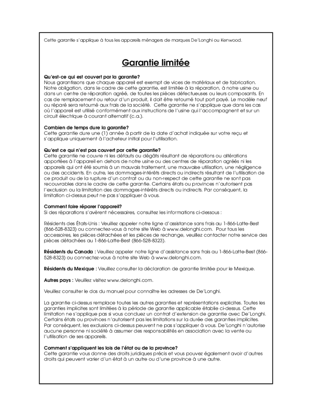 DeLonghi DCM485 instruction manual Garantie limitée 