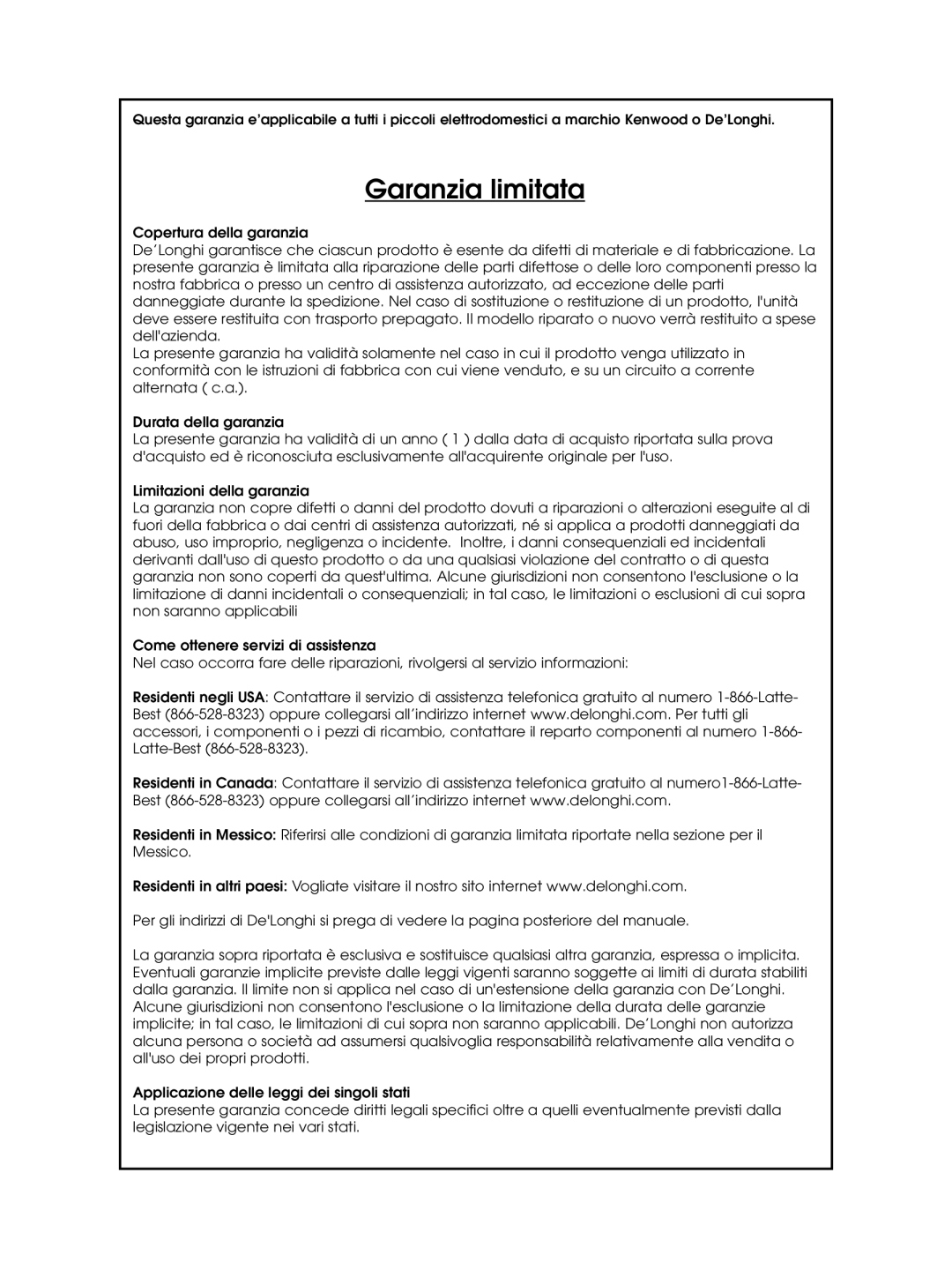 DeLonghi DCM485 instruction manual Garanzia limitata 