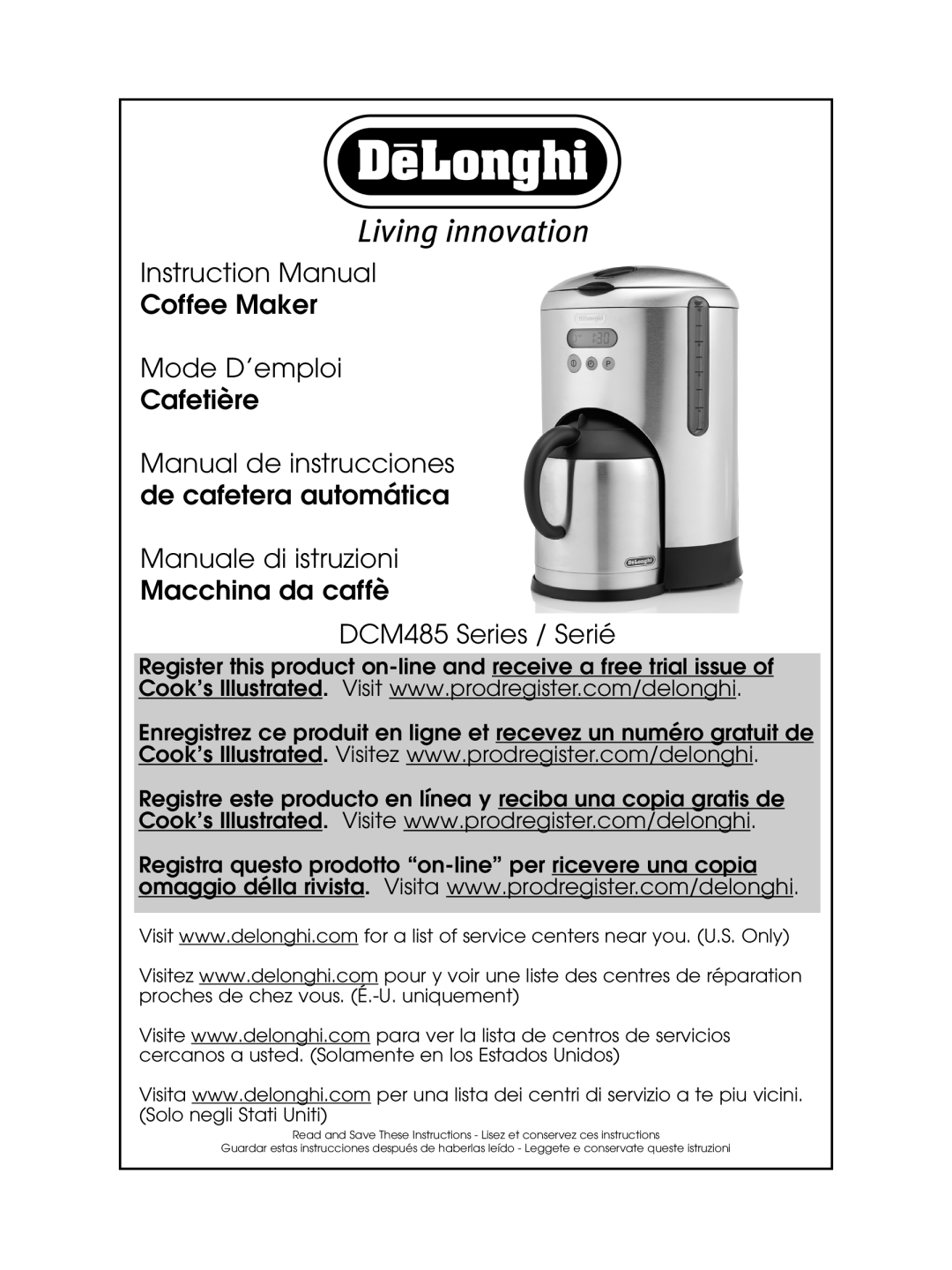 DeLonghi DCM485 instruction manual Manual de instrucciones de cafetera automática Manuale di istruzioni 