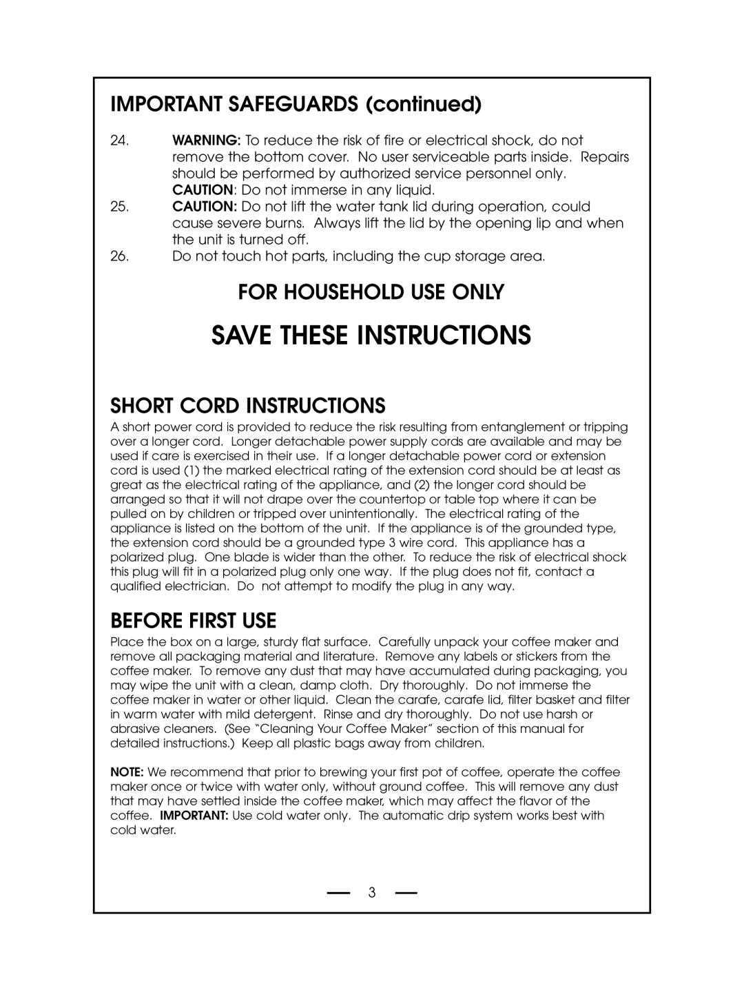 DeLonghi DCM485 Save These Instructions, IMPORTANT SAFEGUARDS continued, For Household Use Only, Short Cord Instructions 