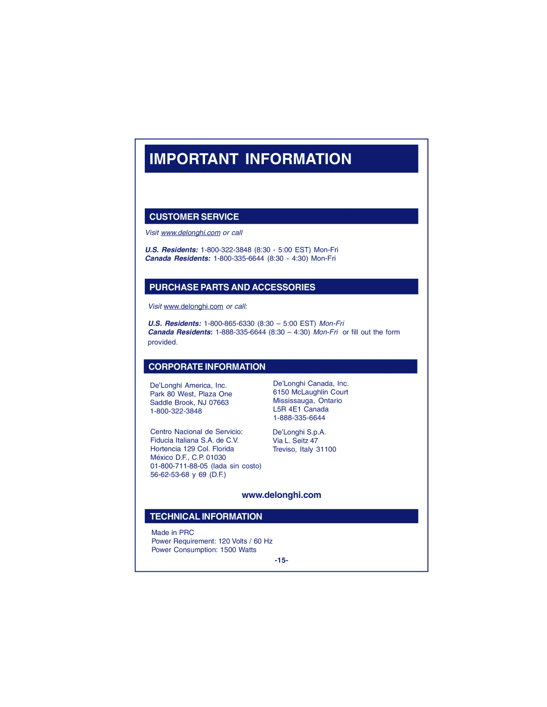 DeLonghi DCM900 instruction manual Important Information 