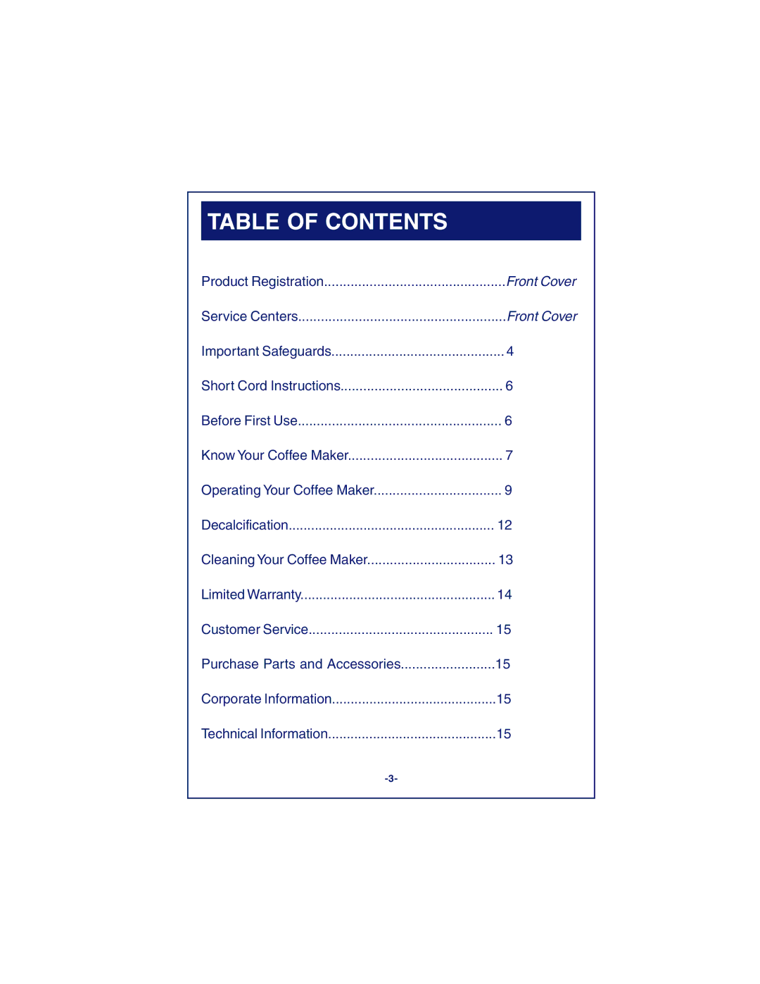 DeLonghi DCM900 instruction manual Table of Contents 