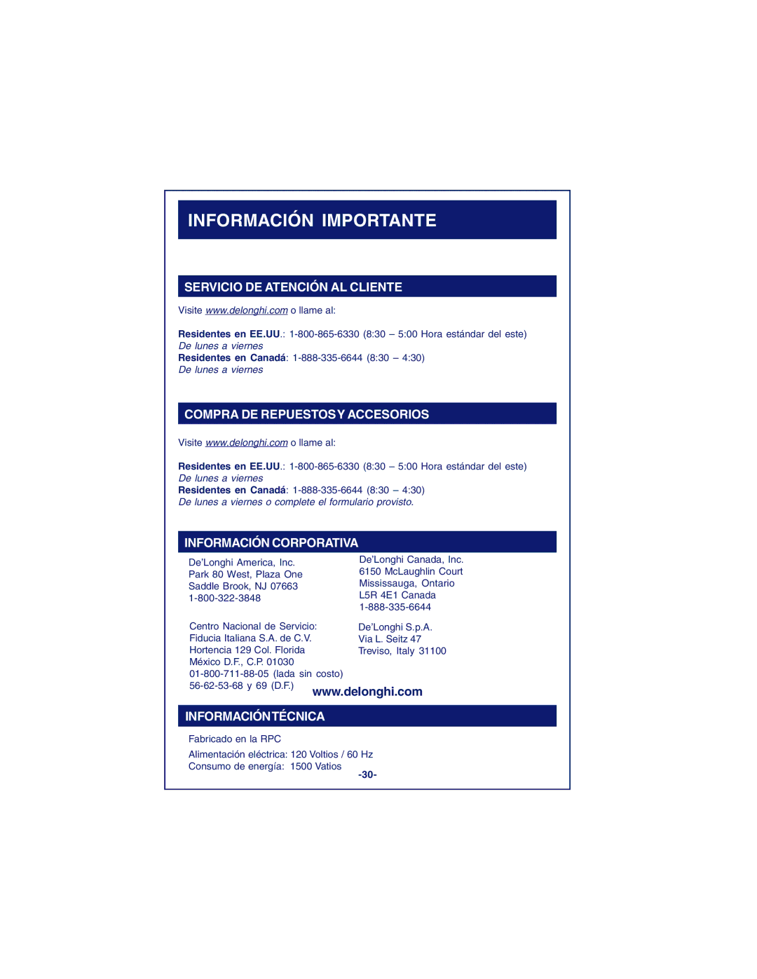 DeLonghi DCM900 instruction manual Información Importante, Servicio DE Atención AL Cliente 