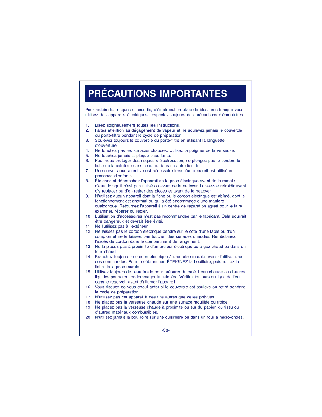 DeLonghi DCM900 instruction manual Précautions Importantes 