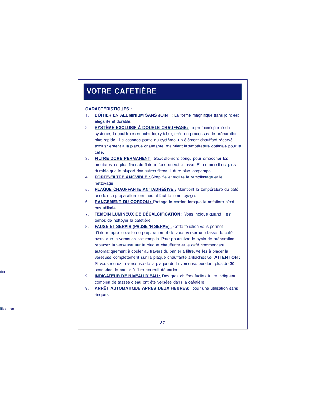 DeLonghi DCM900 instruction manual Caractéristiques 