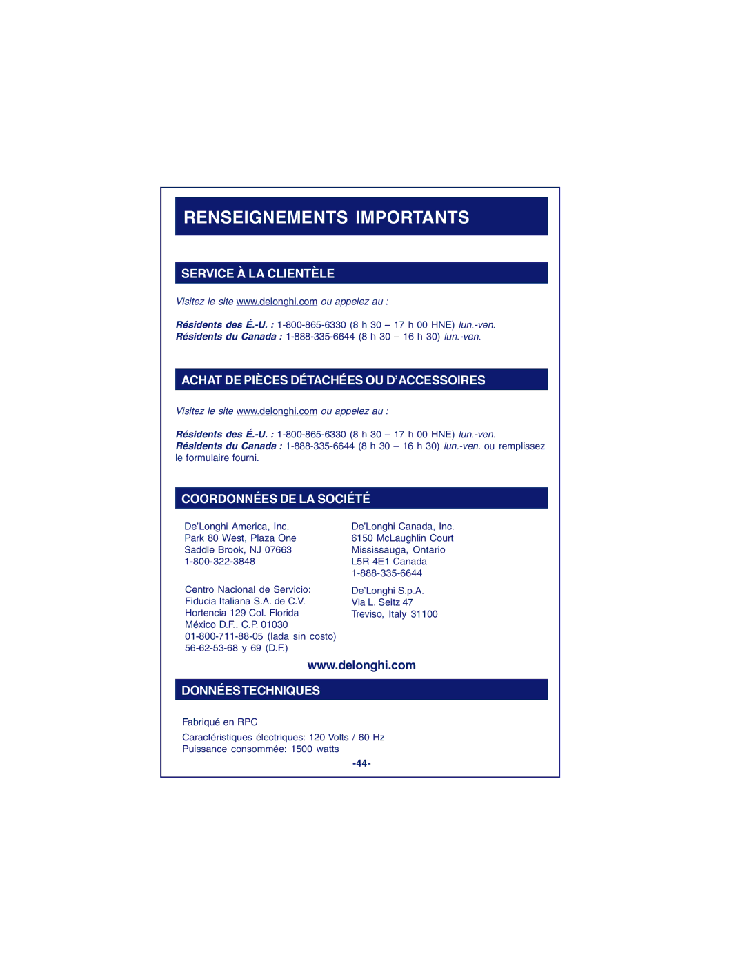 DeLonghi DCM900 instruction manual Renseignements Importants, Service À LA Clientèle 