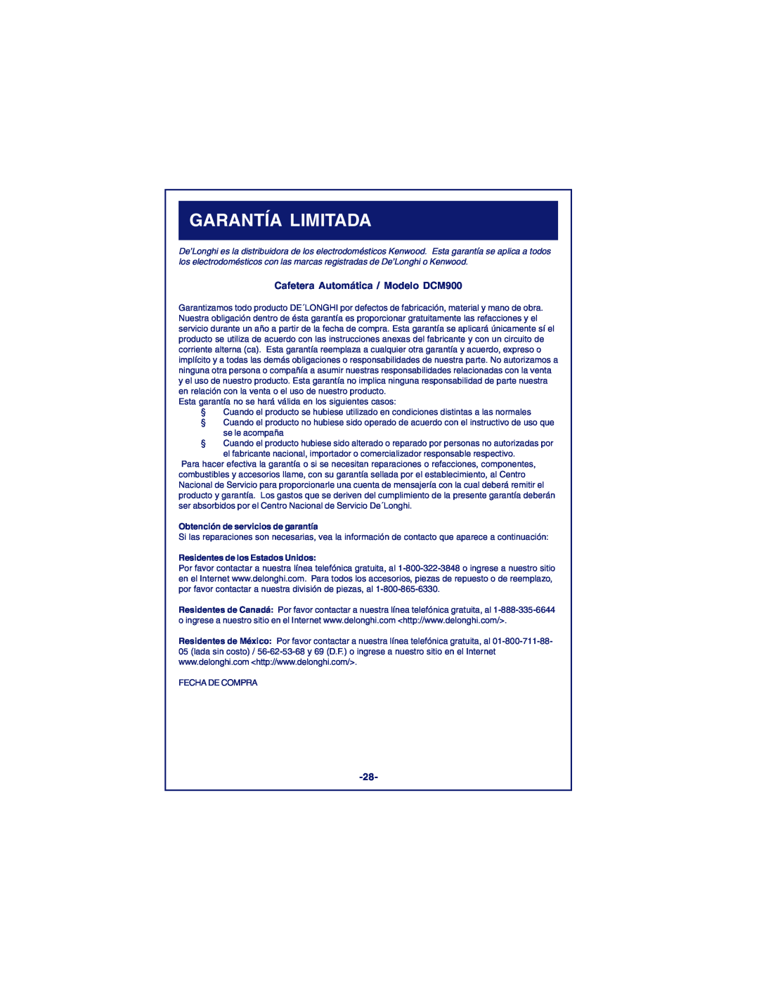 DeLonghi instruction manual Garantía Limitada, Cafetera Automática / Modelo DCM900, Obtención de servicios de garantía 