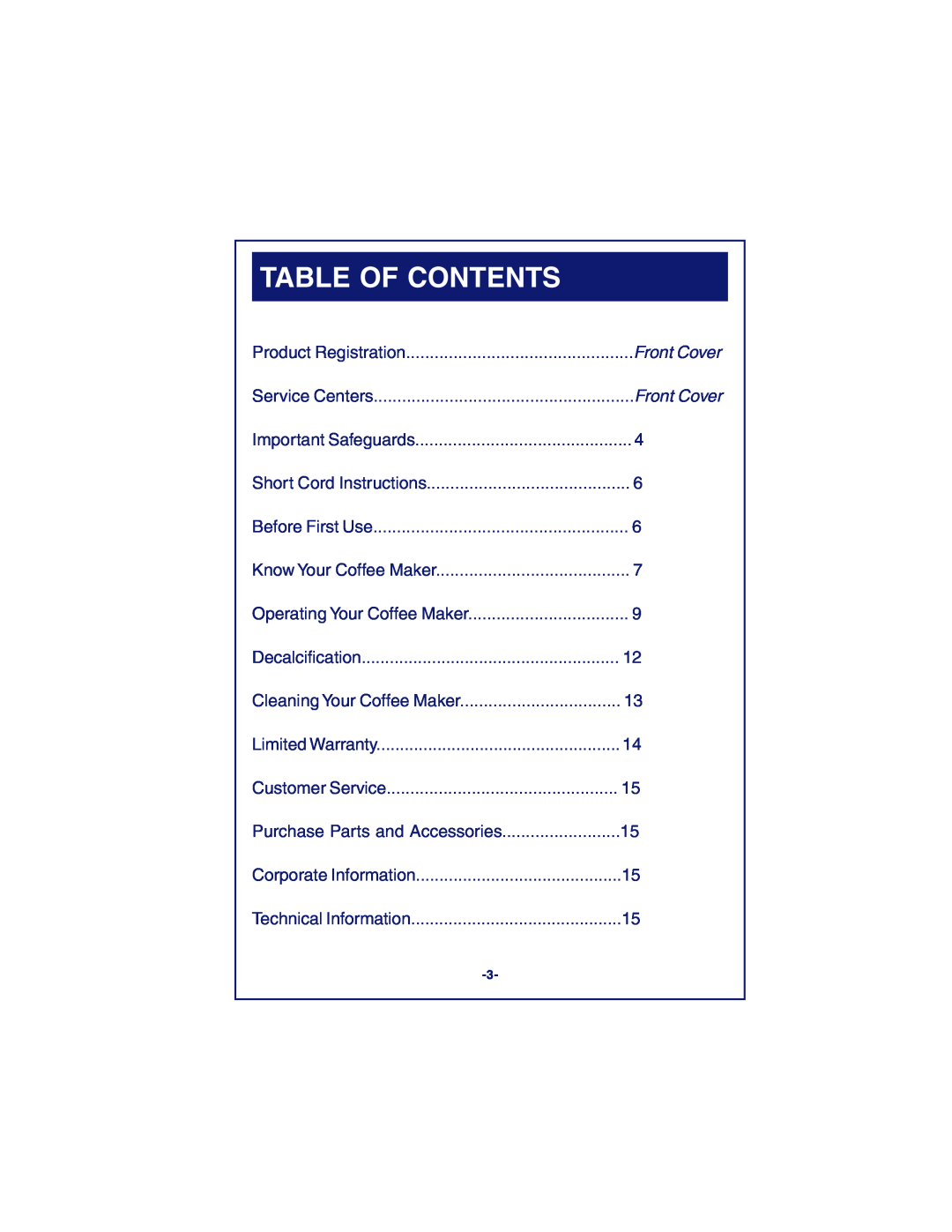 DeLonghi DCM900 instruction manual Table Of Contents 