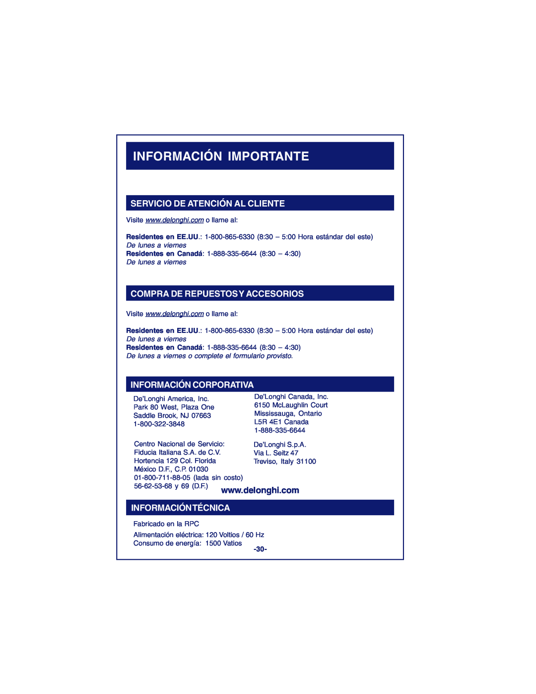 DeLonghi DCM900 instruction manual Información Importante, Servicio De Atención Al Cliente, Compra De Repuestosy Accesorios 