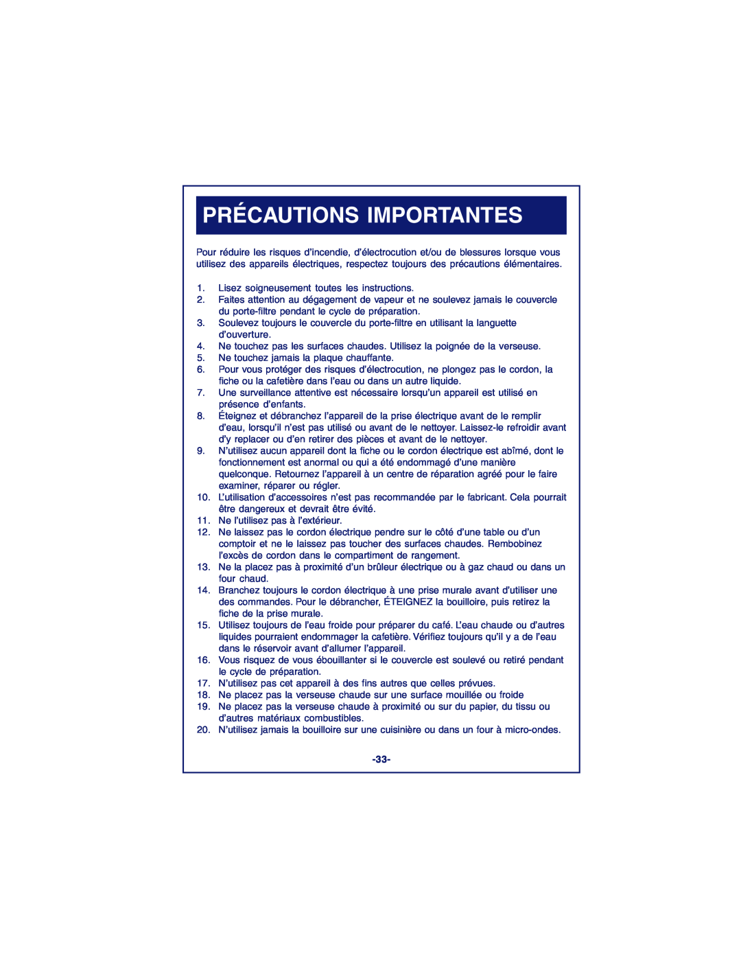 DeLonghi DCM900 instruction manual Précautions Importantes 