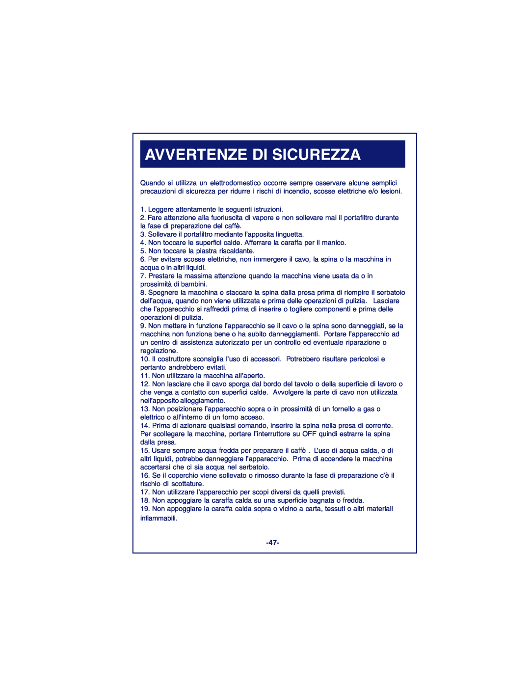 DeLonghi DCM900 instruction manual Avvertenze Di Sicurezza 
