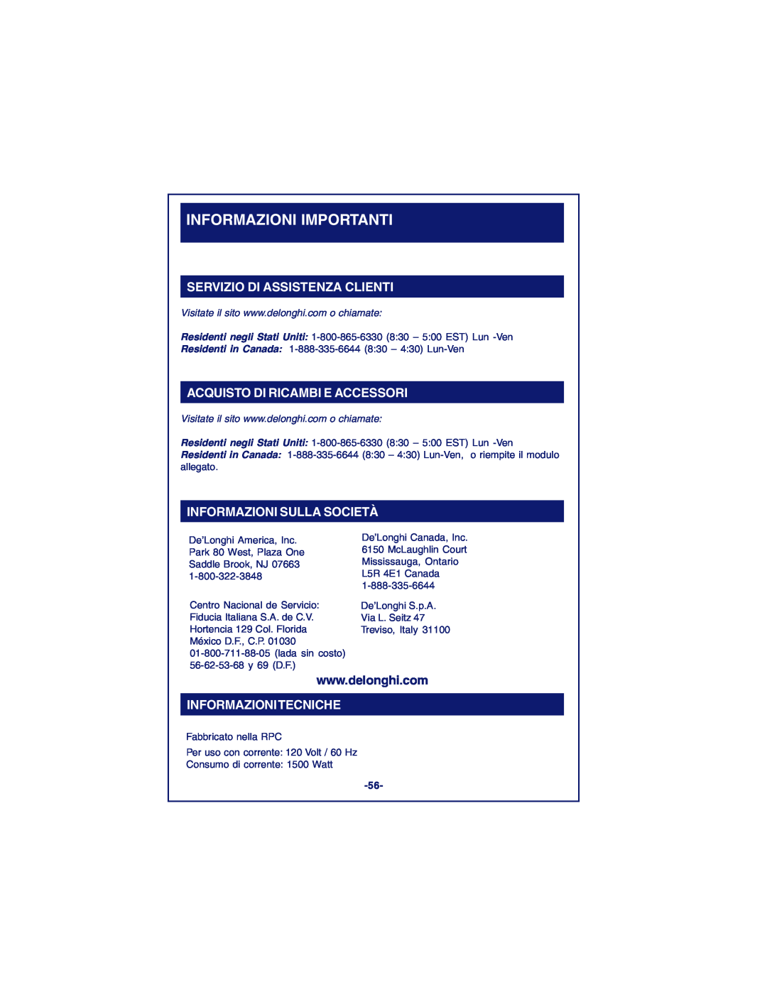 DeLonghi DCM900 instruction manual Informazioni Importanti, Servizio Di Assistenza Clienti, Acquisto Di Ricambi E Accessori 