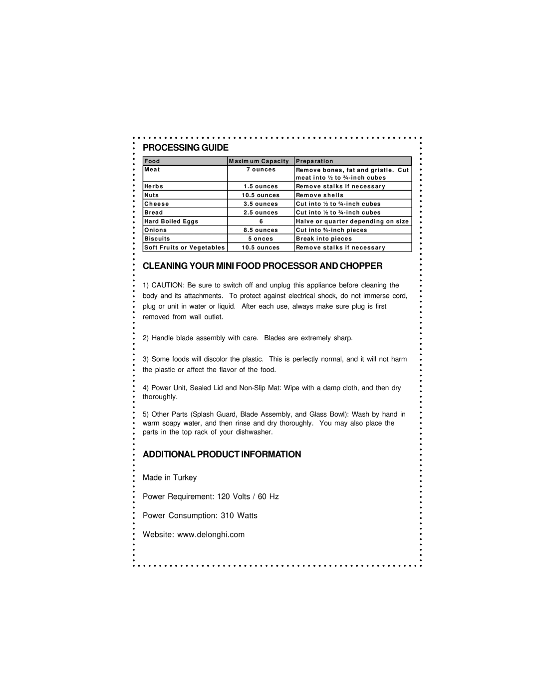 DeLonghi DCP400 instruction manual Processing Guide 