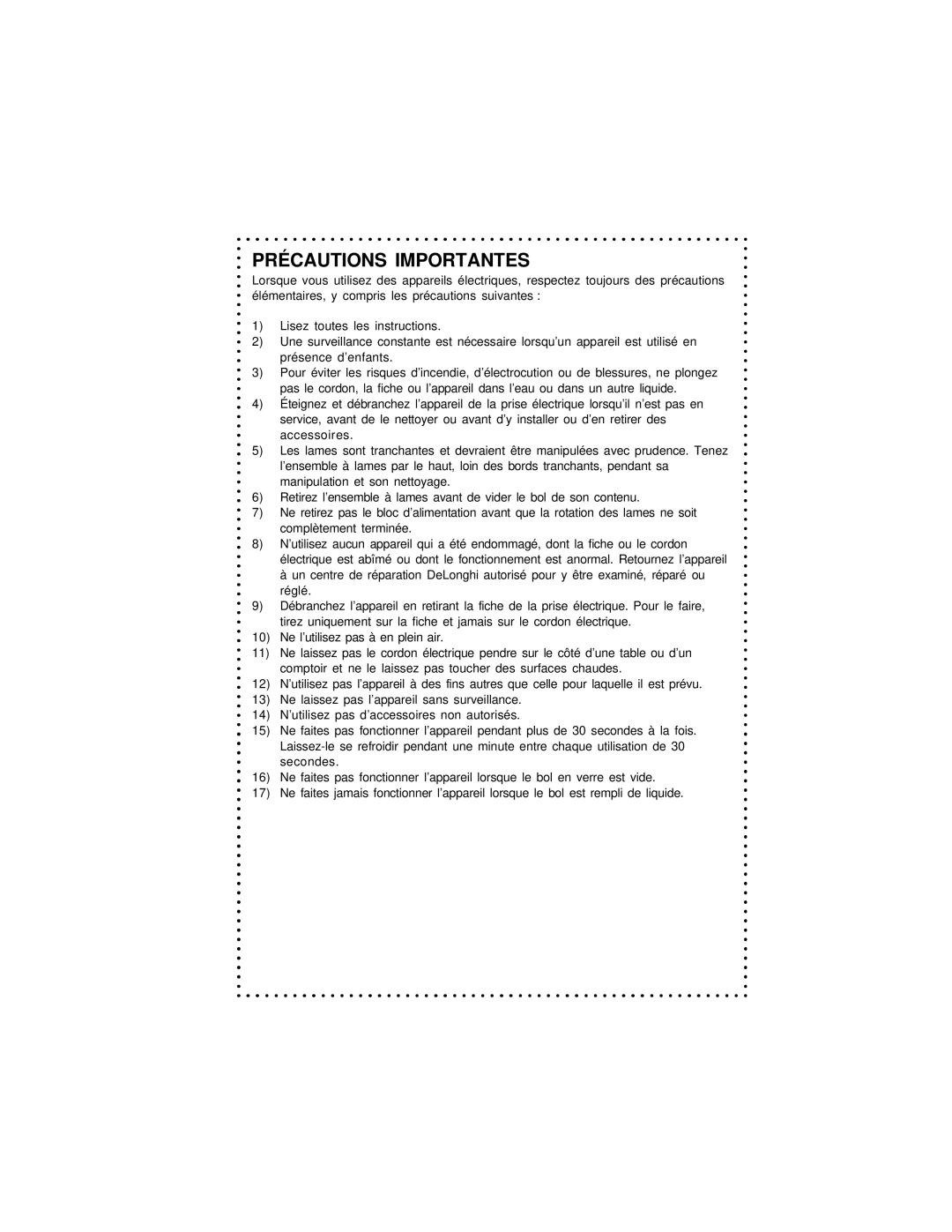 DeLonghi DCP400 instruction manual Précautions Importantes 