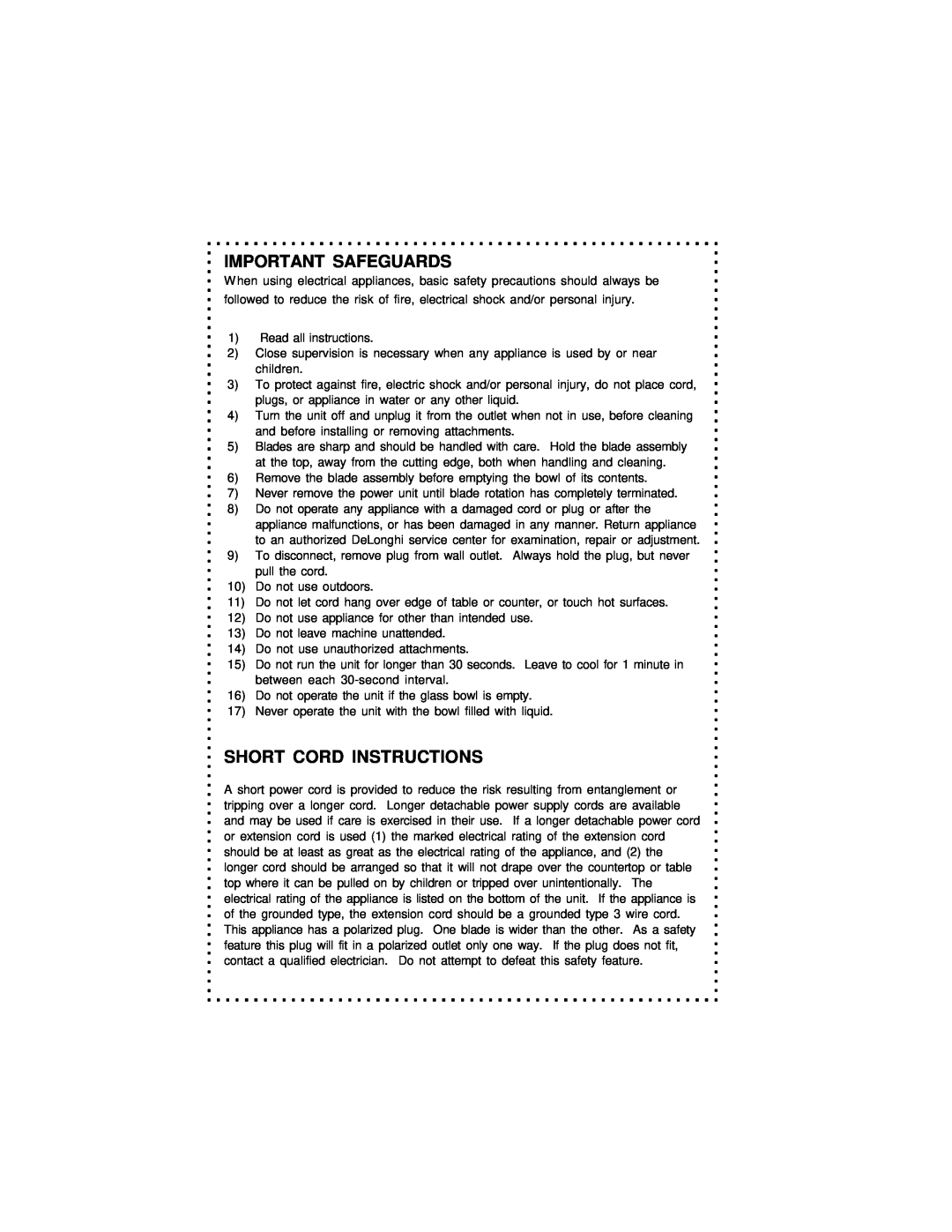 DeLonghi DCP400 instruction manual Important Safeguards, Short Cord Instructions 