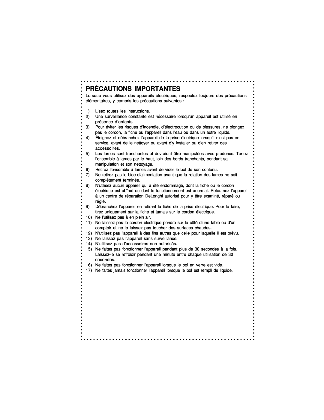 DeLonghi DCP400 instruction manual Précautions Importantes 