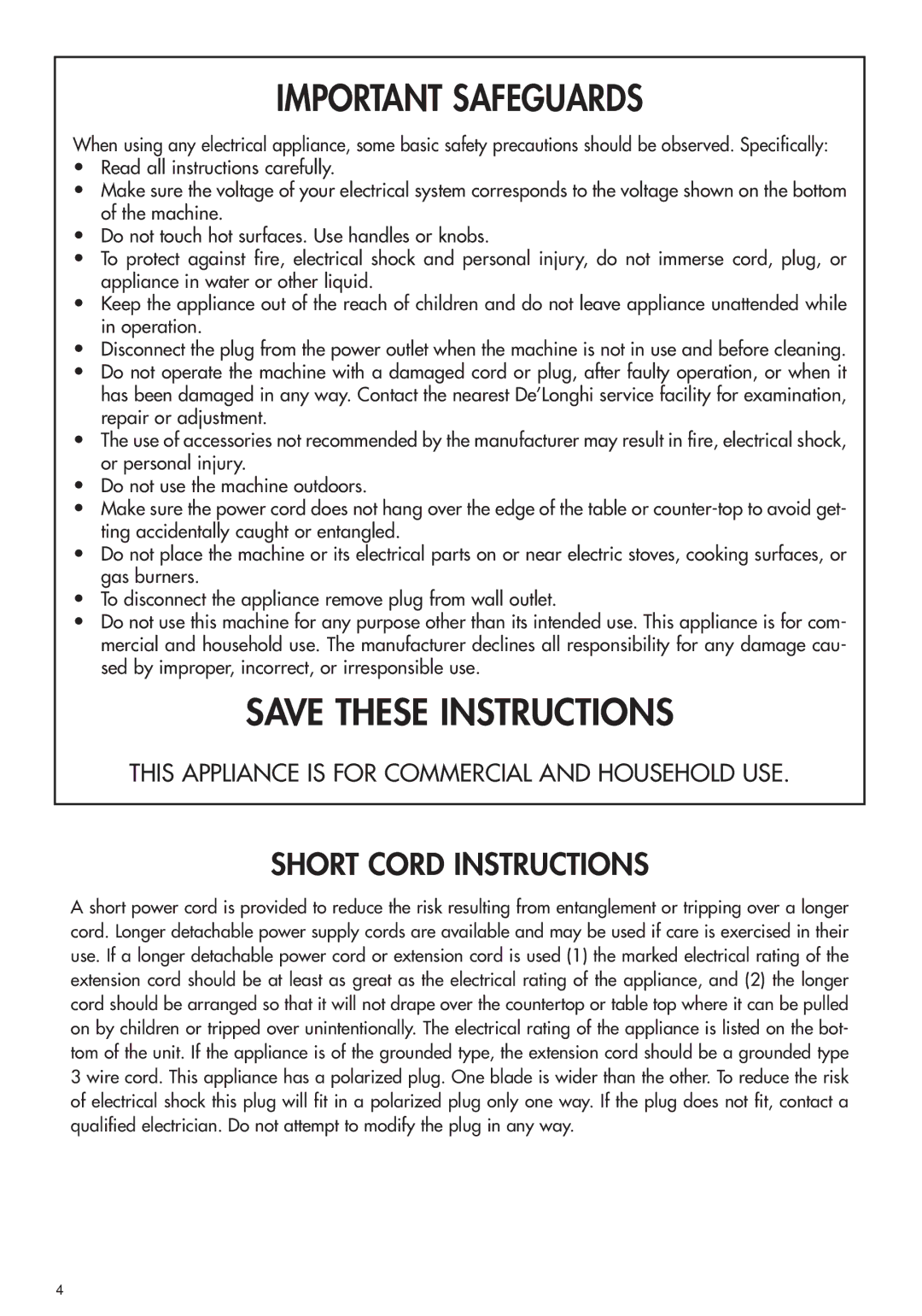 DeLonghi DCU500T manual Important Safeguards 