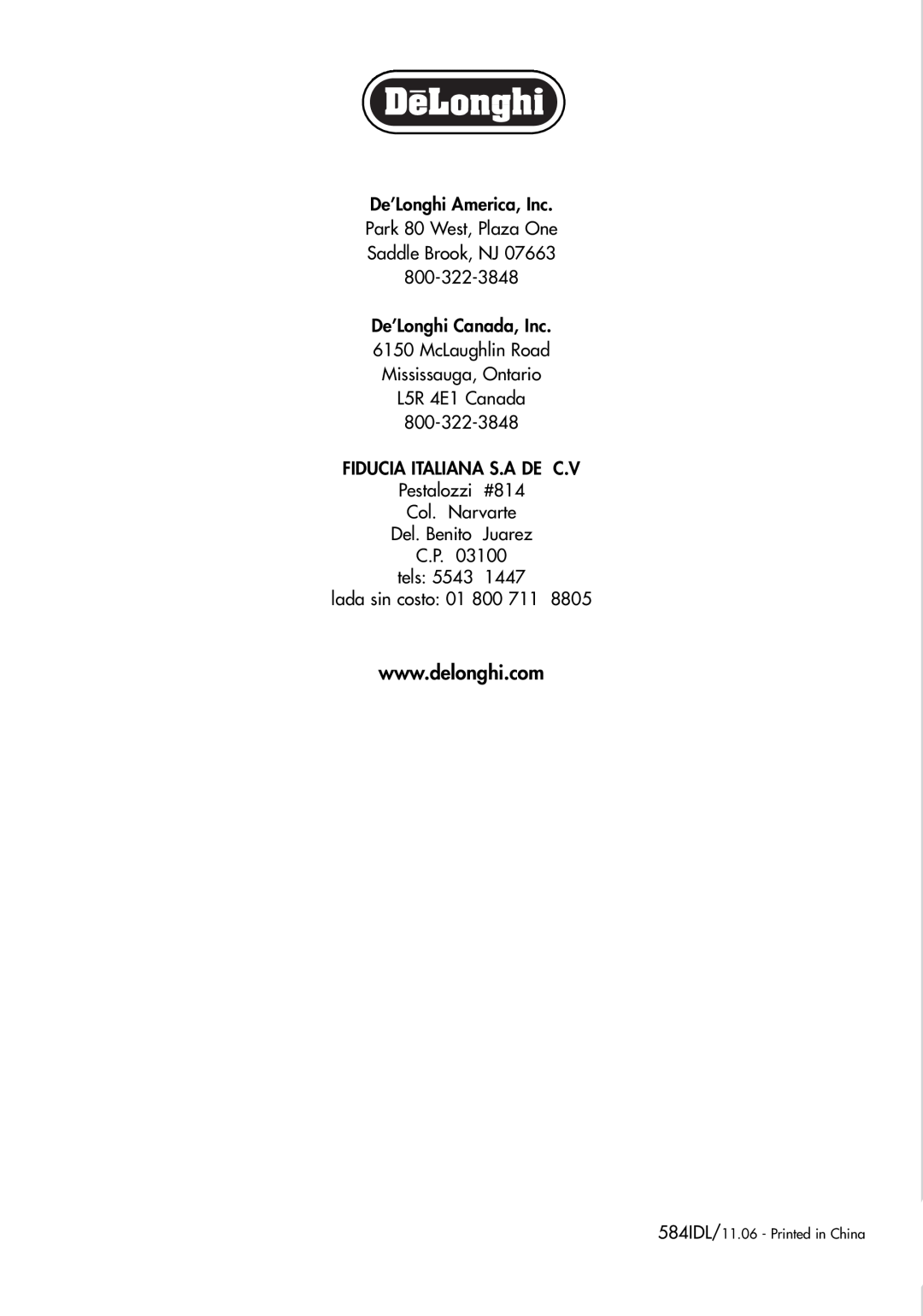 DeLonghi DCU500T manual De’Longhi America, Inc Park 80 West, Plaza One, Saddle Brook, NJ, lada sin costo 