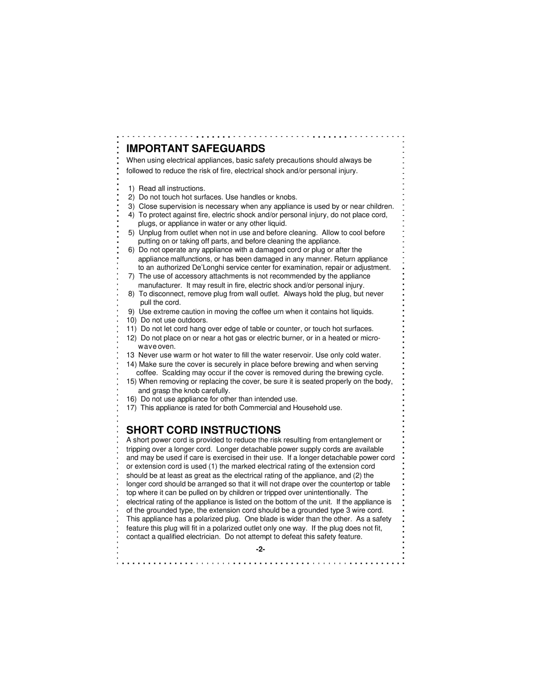 DeLonghi DCU50T Series instruction manual Important Safeguards, Short Cord Instructions 