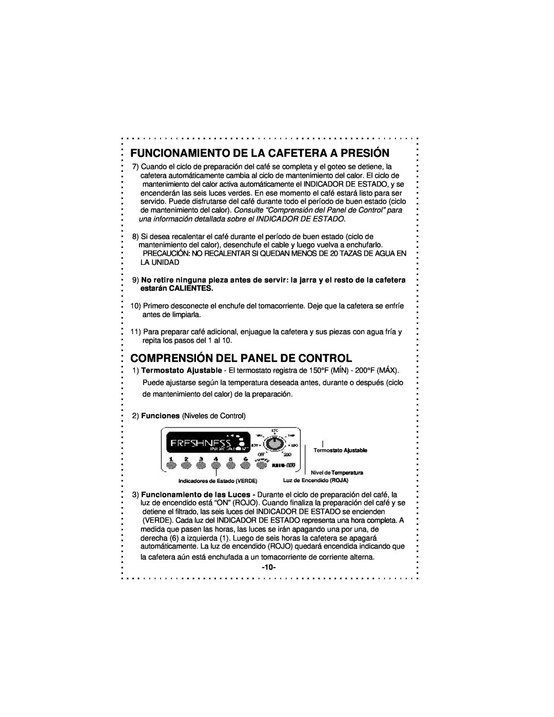 DeLonghi DCU50T Series instruction manual Comprensión Del Panel De Control, Funcionamiento De La Cafetera A Presión 