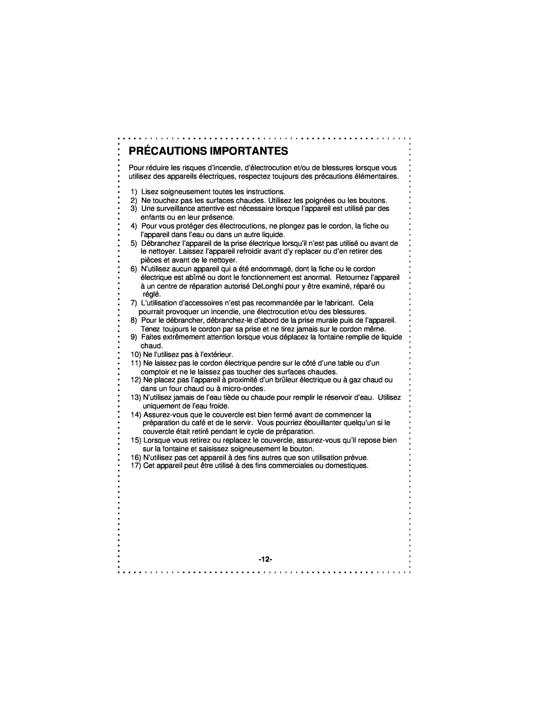 DeLonghi DCU50T Series instruction manual Précautions Importantes 