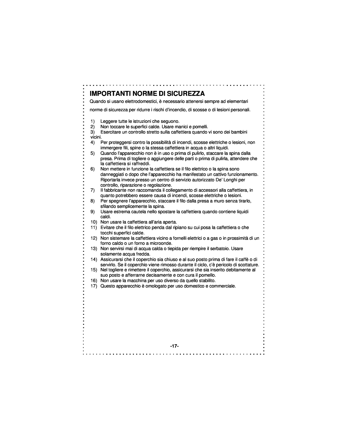 DeLonghi DCU50T Series instruction manual Importanti Norme Di Sicurezza 