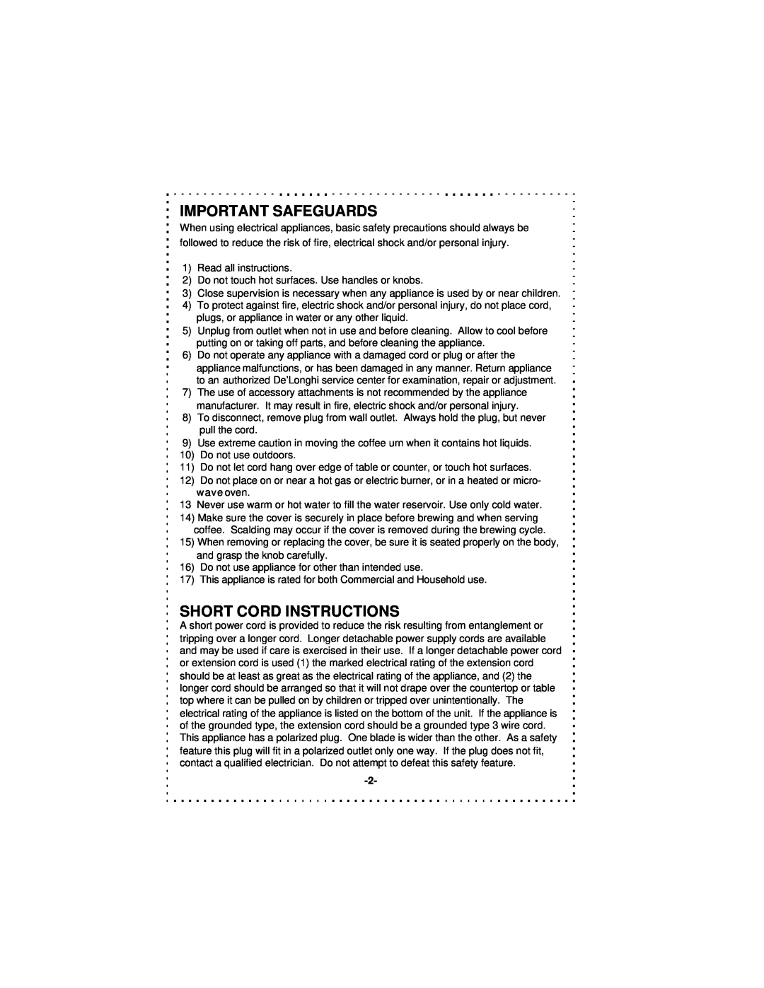 DeLonghi DCU50T Series instruction manual Important Safeguards, Short Cord Instructions 