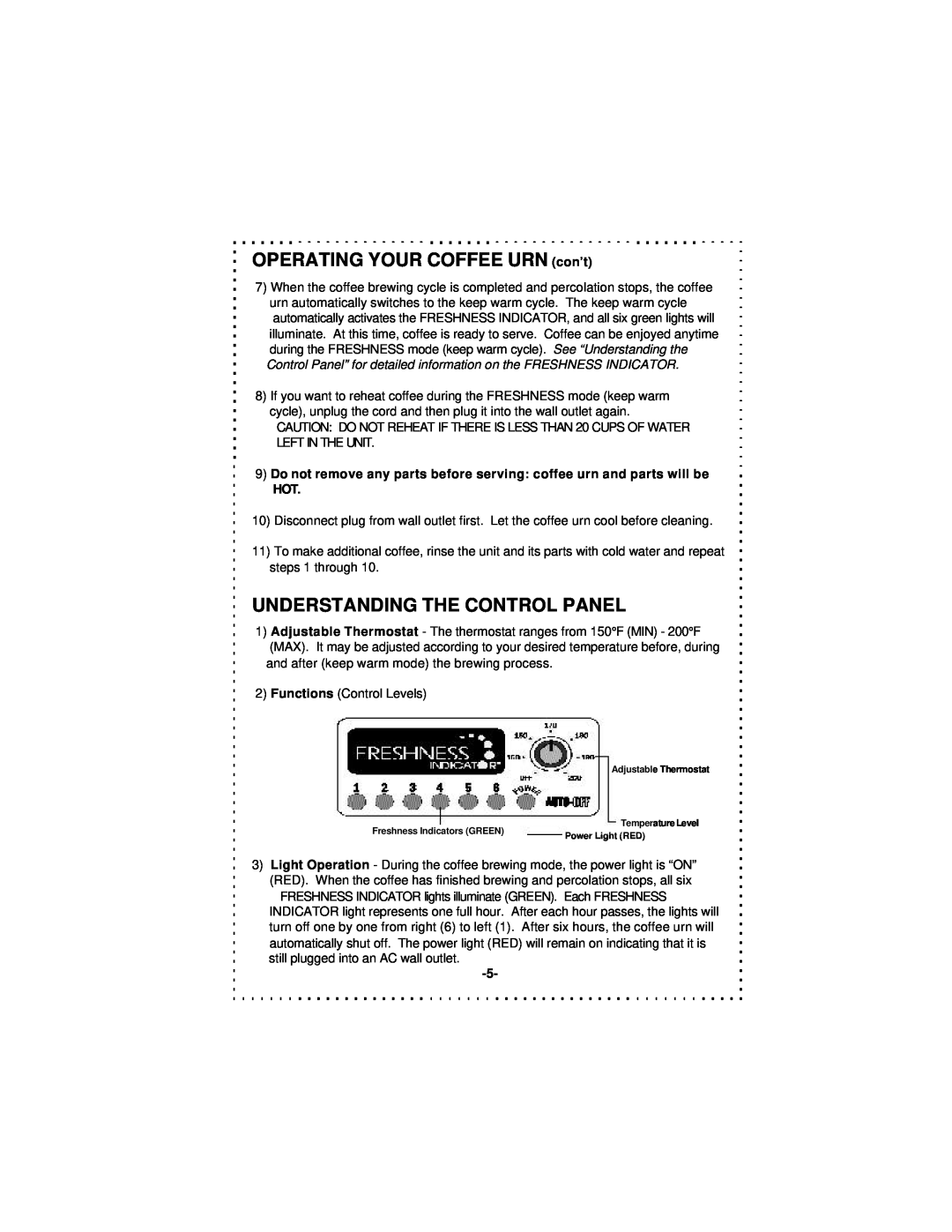 DeLonghi DCU50T Series instruction manual OPERATING YOUR COFFEE URN con’t, Understanding The Control Panel 
