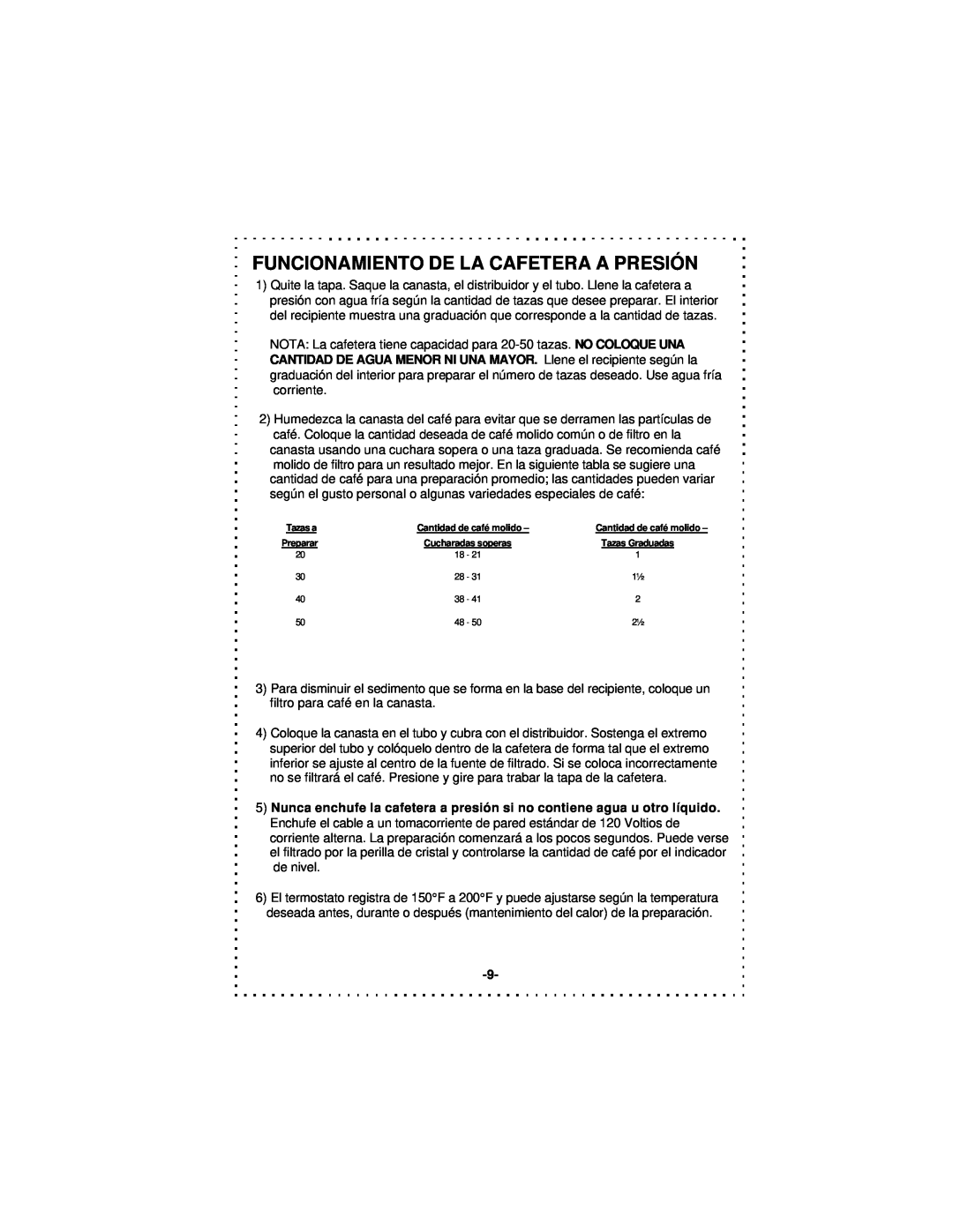 DeLonghi DCU50T Series instruction manual Funcionamiento De La Cafetera A Presión, Tazas a 