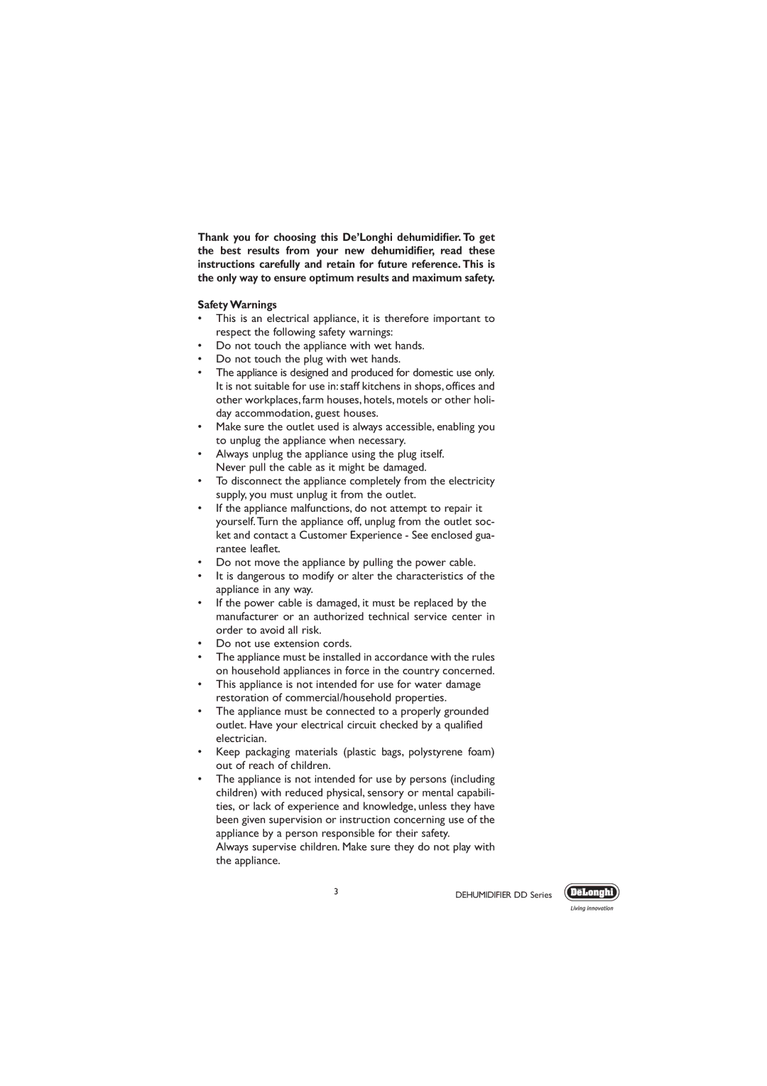 DeLonghi DD SERIES manual Safety Warnings 