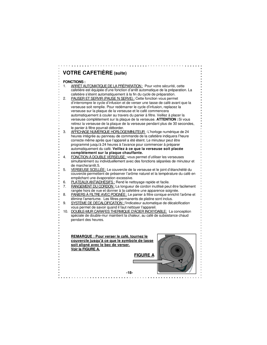 DeLonghi DD1000TC Series instruction manual Votre Cafetière suite, Fonctions 