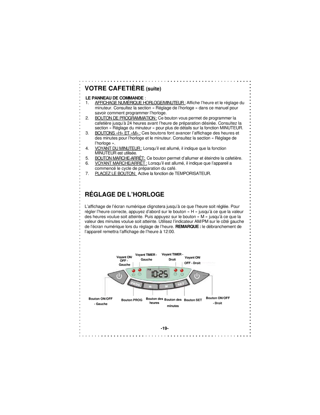 DeLonghi DD1000TC Series instruction manual Réglage DE L’HORLOGE, LE Panneau DE Commande 