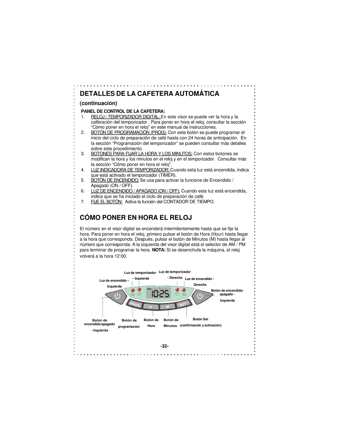 DeLonghi DD1000TC Series instruction manual Cómo Poner EN Hora EL Reloj, Panel DE Control DE LA Cafetera 