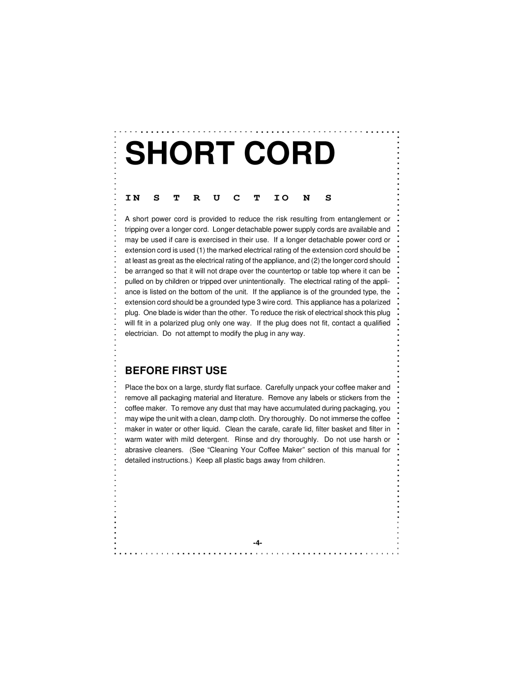 DeLonghi DD1000TC Series instruction manual Short Cord, Before First USE 