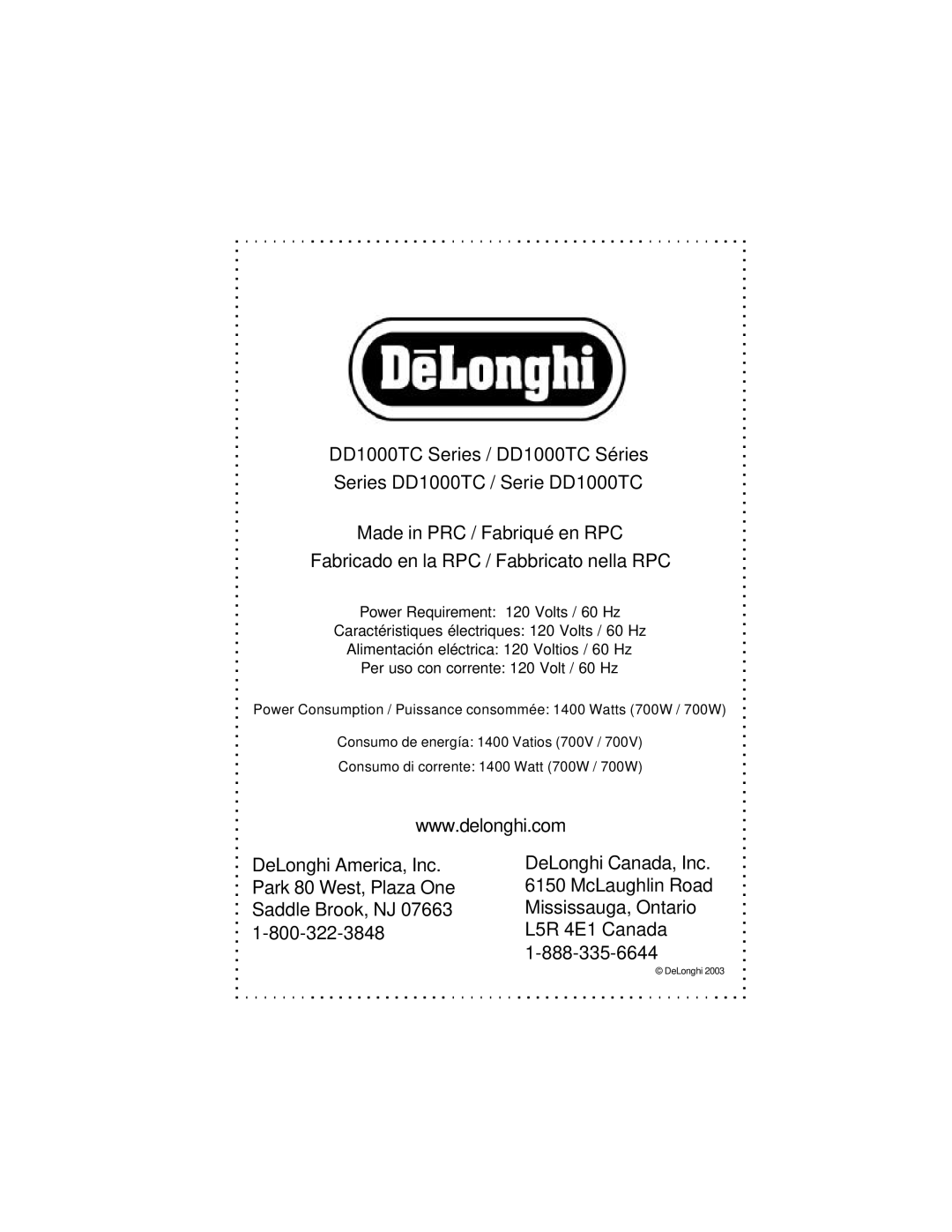 DeLonghi DD1000TC Series instruction manual DeLonghi 