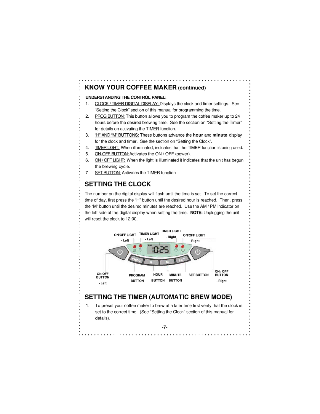 DeLonghi DD1000TC Series Setting the Clock, Setting the Timer Automatic Brew Mode, Understanding the Control Panel 