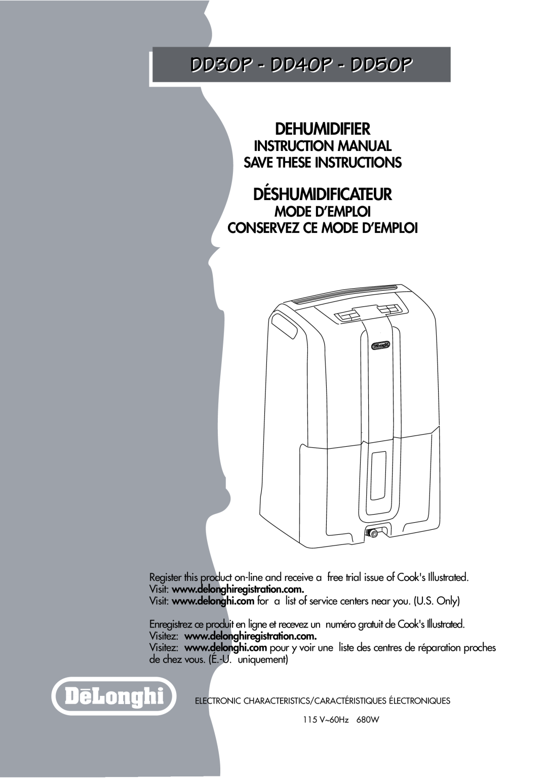 DeLonghi instruction manual DD30P - DD40P - DD50P, Dehumidifier, Déshumidificateur 