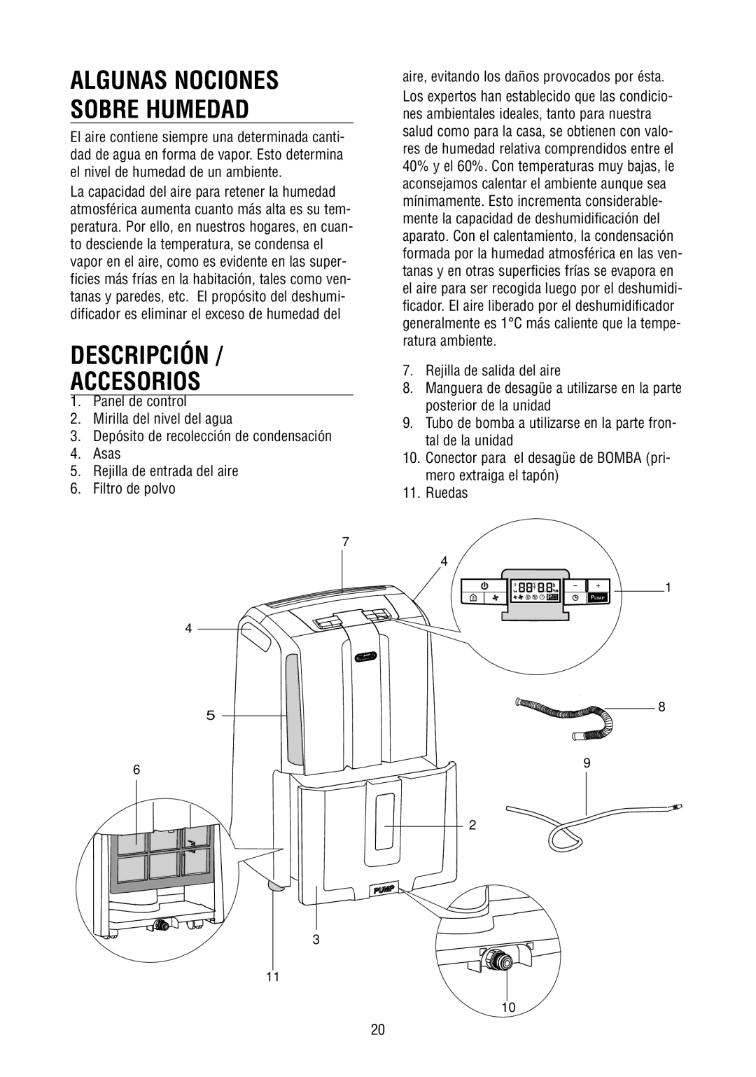 DeLonghi DD50P, DD40P, DD45P instruction manual Algunas Nociones Sobre Humedad, Descripción Accesorios 