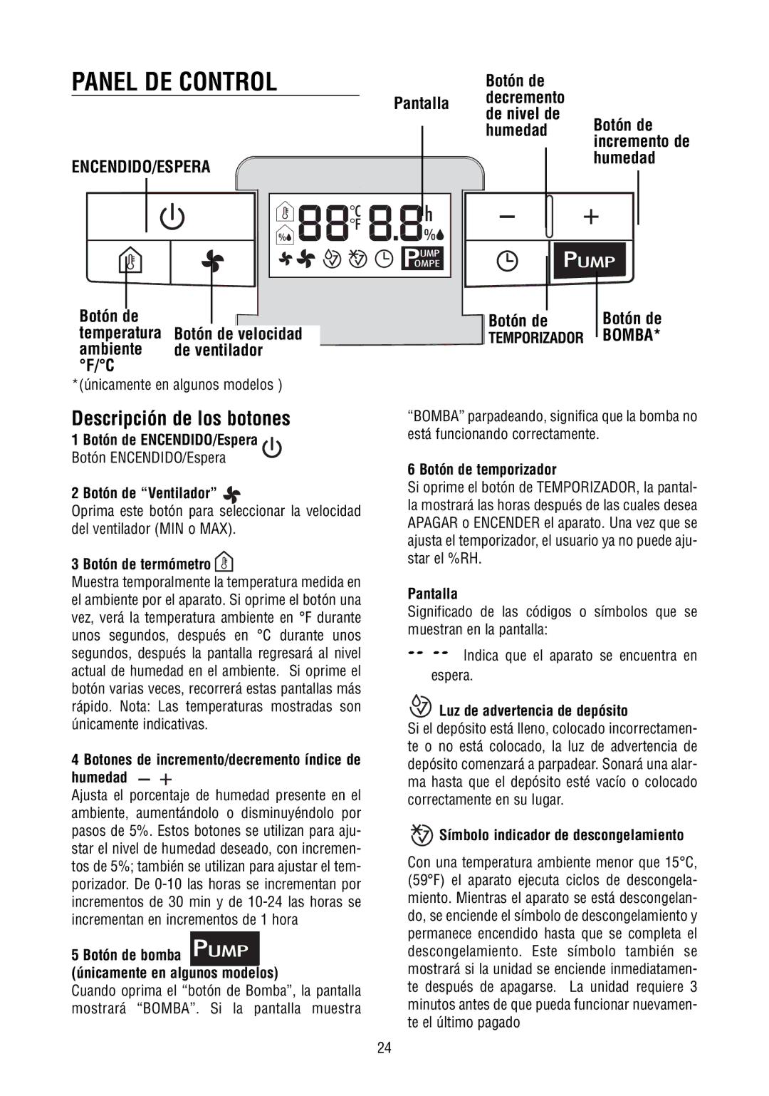 DeLonghi DD50P, DD40P Panel DE Control, Descripción de los botones, Únicamente en algunos modelos, Botón ENCENDIDO/Espera 