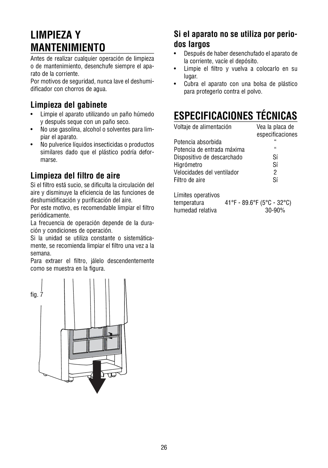 DeLonghi DD45P, DD40P, DD50P instruction manual Limpieza Y Mantenimiento, Limpieza del gabinete, Limpieza del filtro de aire 