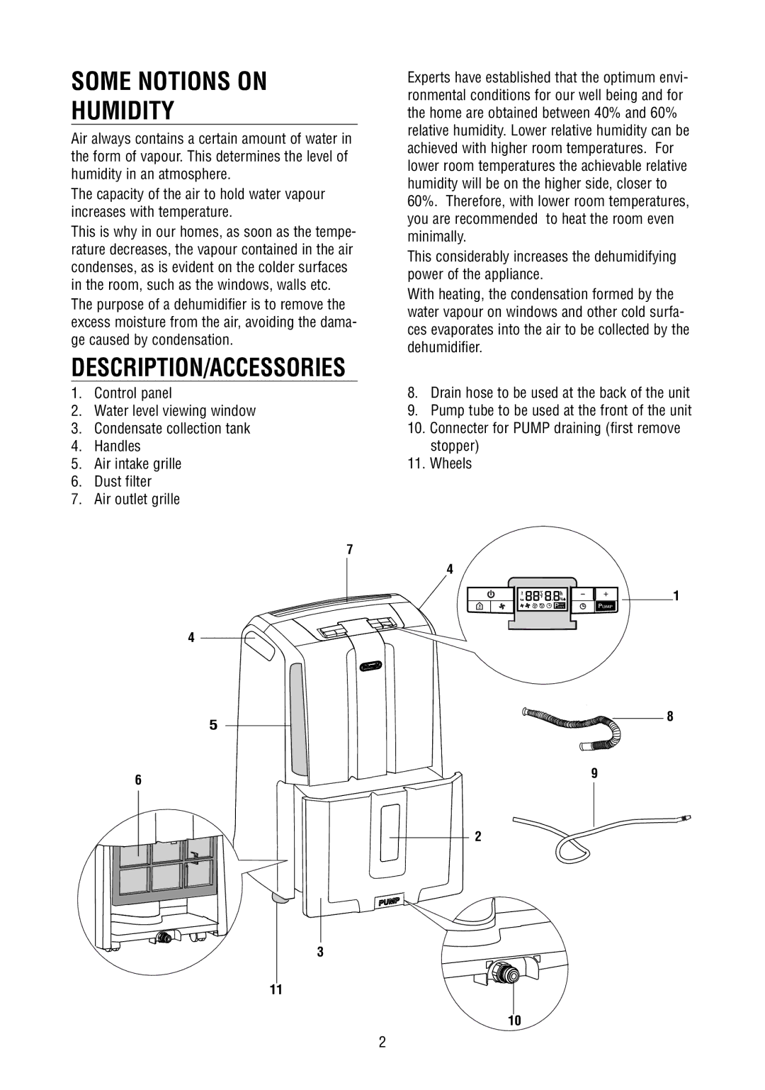 DeLonghi DD40P, DD45P, DD50P instruction manual Some Notions on Humidity, Description/Accessories 