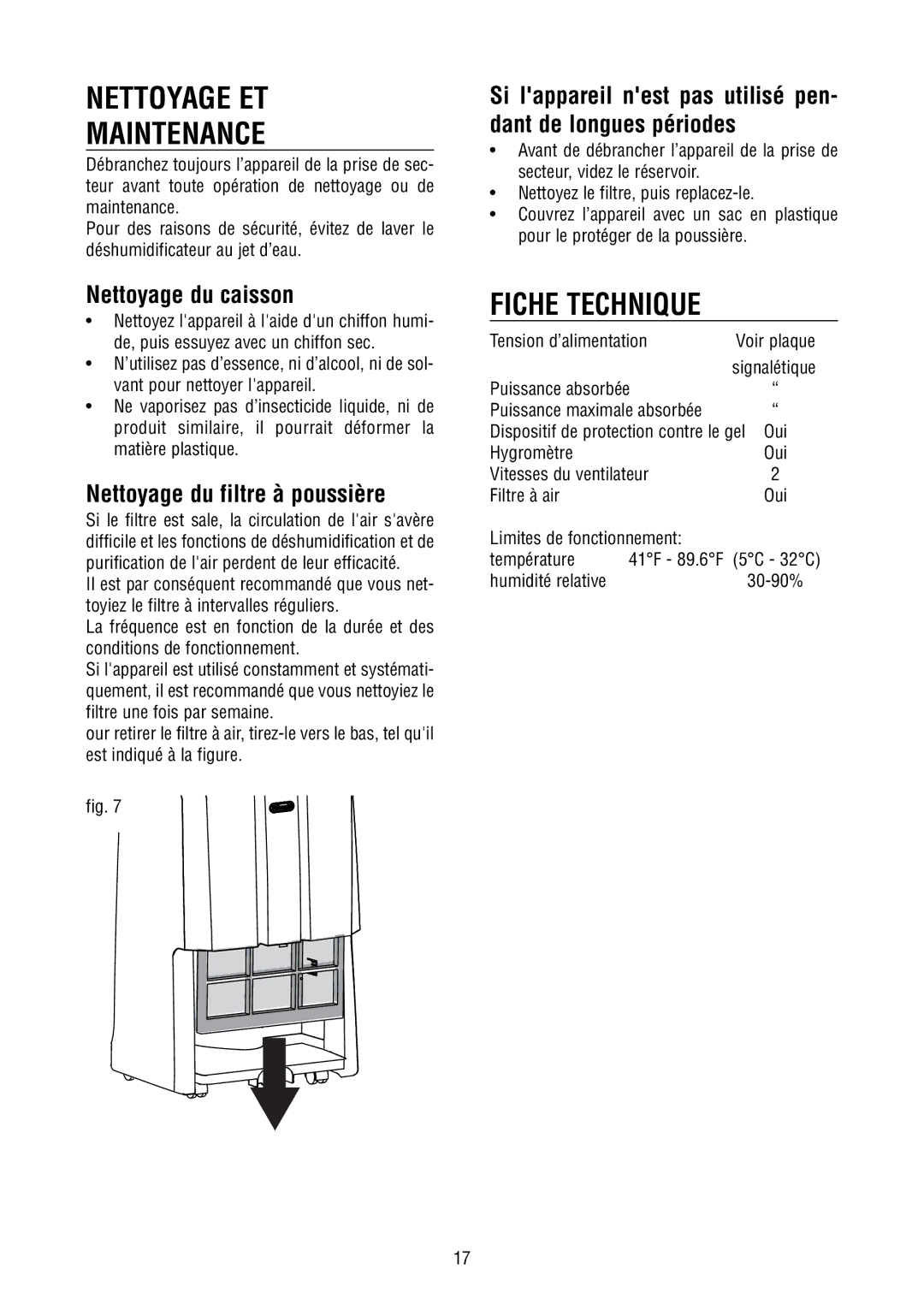 DeLonghi DD40P, DD45P Nettoyage ET Maintenance, Fiche Technique, Nettoyage du caisson, Nettoyage du filtre à poussière 