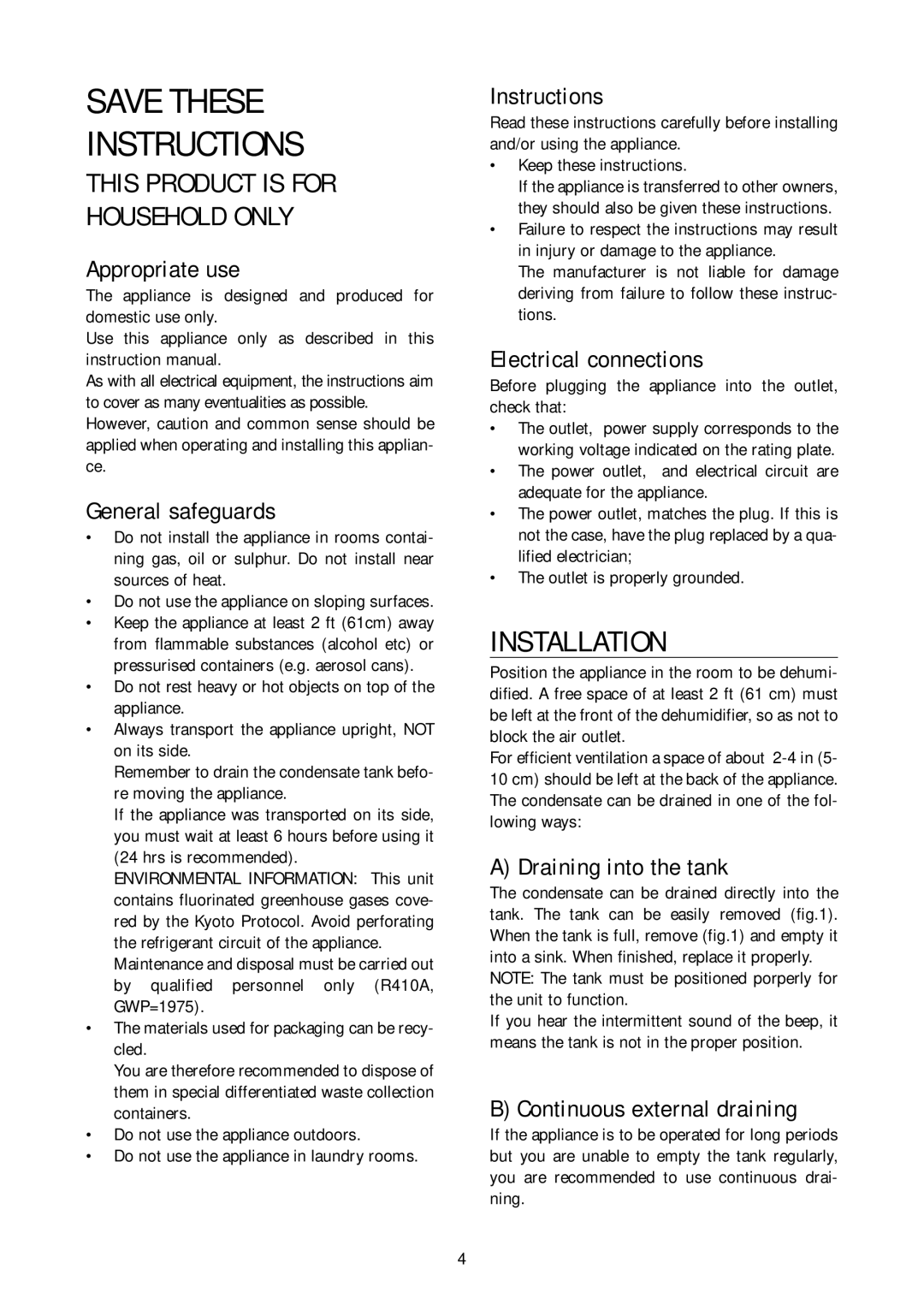 DeLonghi DD40P, DD45P, DD50P instruction manual Save These Instructions, Installation 