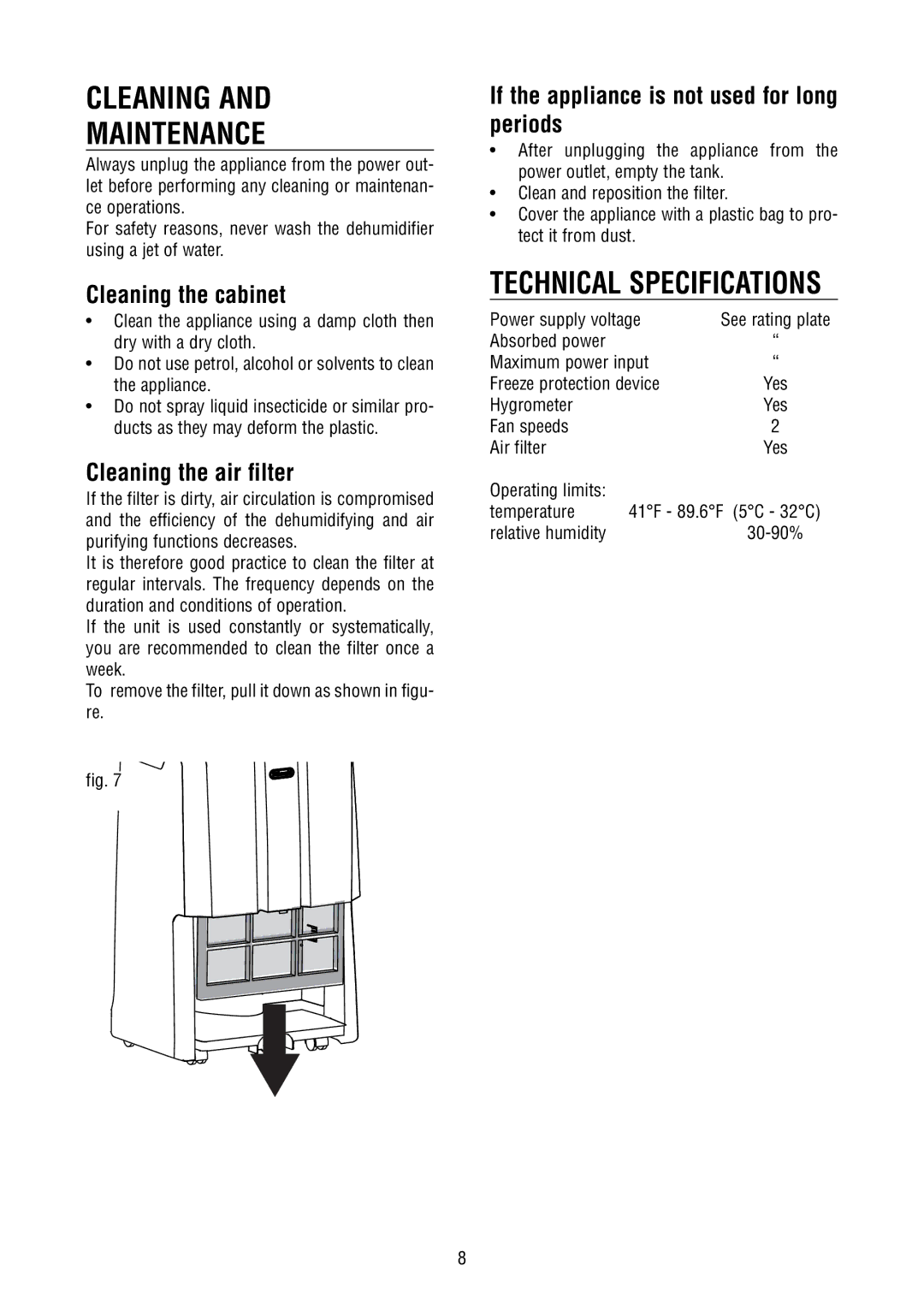 DeLonghi DD40P, DD45P, DD50P Cleaning Maintenance, Technical Specifications, Cleaning the cabinet, Cleaning the air filter 