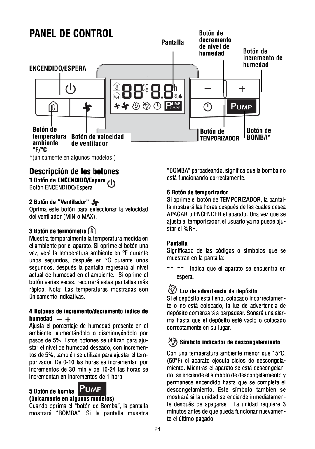 DeLonghi DD50P Panel De Control, Descripción de los botones, Pantalla ENCENDIDO/ESPERA, Botón de, ambiente, de ventilador 